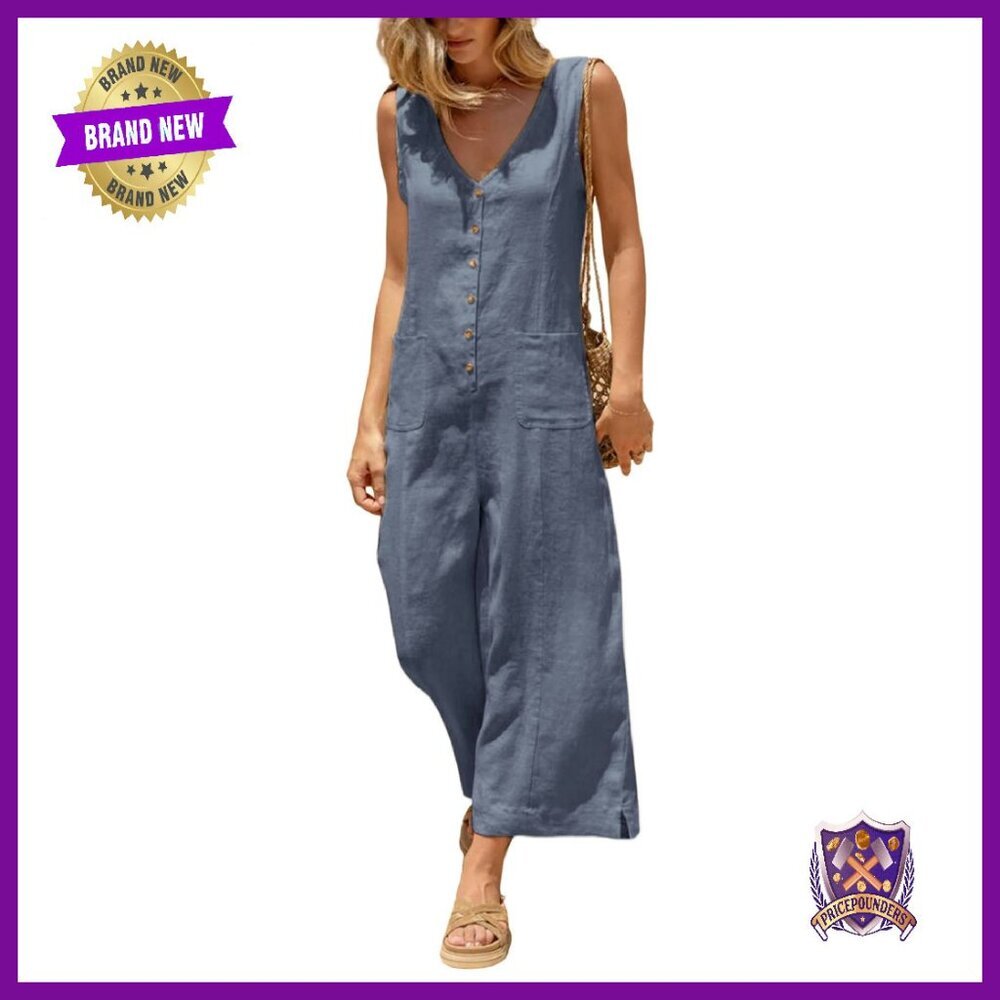 Sleeveless Cotton Linen Jumpsuit Wide Leg Pockets Casual Overall